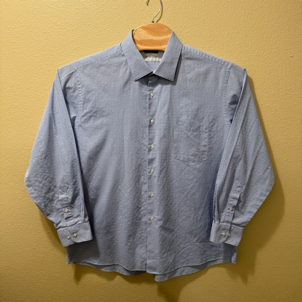 Men’s 18 34/35 Van Heusen Blue White Check Air Regular Fit Stretch Dress Shirt
